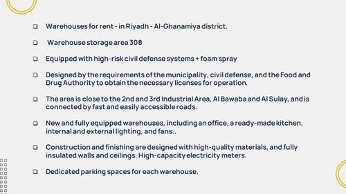 Warehouses for rent in Riyadh Ghanamiya 308m high risk
