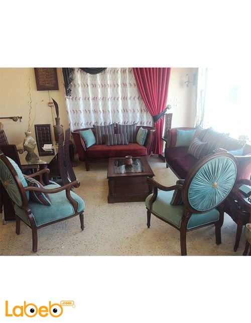 Fabric Sofa Set - 7 seats - Beech wood - Burgundy & Turquoise