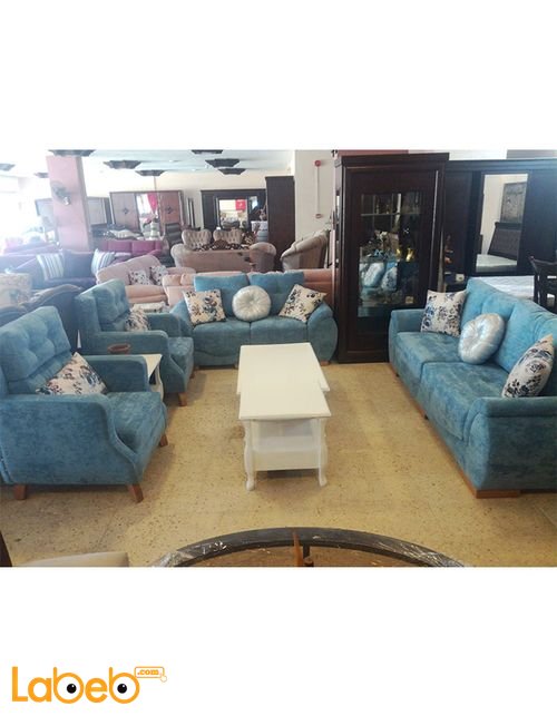 Fabric Sofa Set - 7 seats - 4 pieces - Beech wood - Blue color