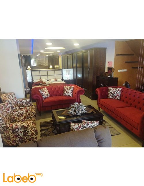 Fabric Sofa Set - 4 pieces - 7 seats - Dark red color