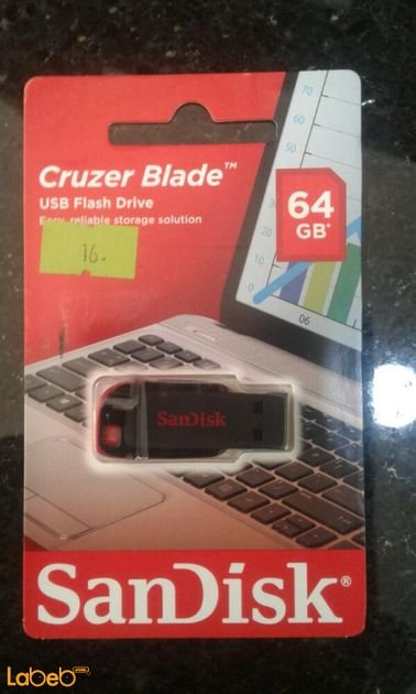 فلاش USB سانديسك كروزر - 64 جيجابايت - أسود وأحمر