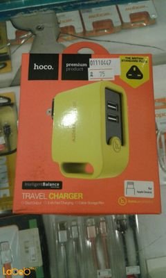 شاحن موبايل HOCO - منفذين USB - لون أصفر - موديل UH203