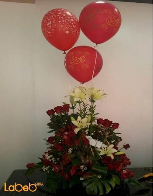 Flower bouquet rose, Alstroemeria white lester - 3 helium baloons