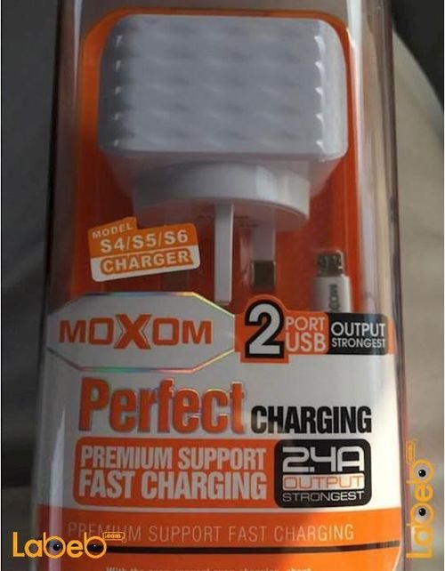 شاحن حائط moxom - منفذين USB - لون أبيض - للايفون والجلاكسي