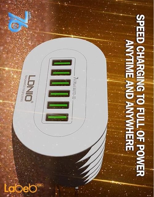 Ldnio multi home charger - 6 USB ports - 1.5m - white - A6702