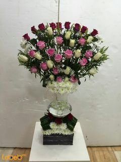 Natural flowers vase with wooden box - red white & pink colors
