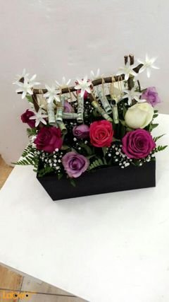 Natural flowers wooden box - red pink white & purple - Black box