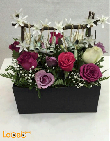 Natural flowers wooden box - red pink white & purple - Black box