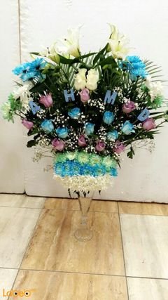 Natural Flowers glass vase - White Blue & Purple flowers