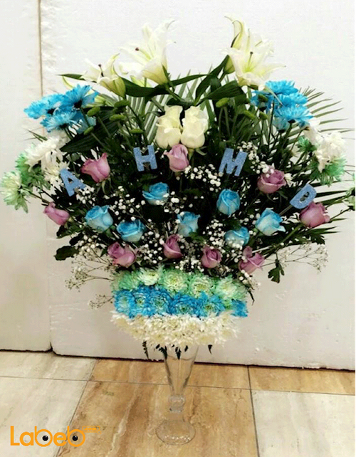 Natural Flowers glass vase - White Blue & Purple flowers