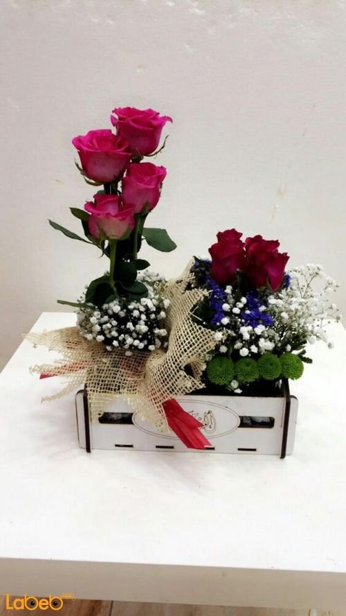 Natural flower wooden box - Red Pink & Purple - with necklace