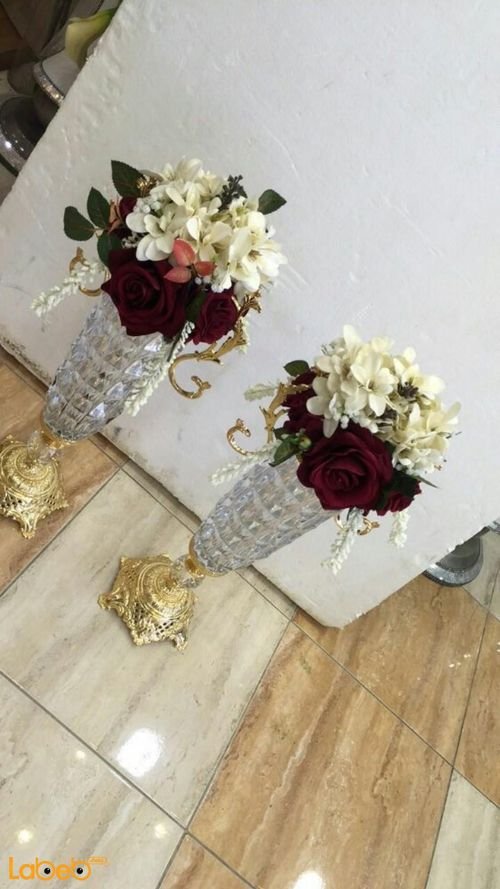 Artificial Flowers vase - White & Red flowers - Glass & Gold base