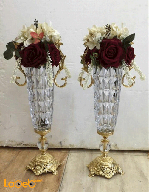 Artificial Flowers vase - White & Red flowers - Glass & Gold base