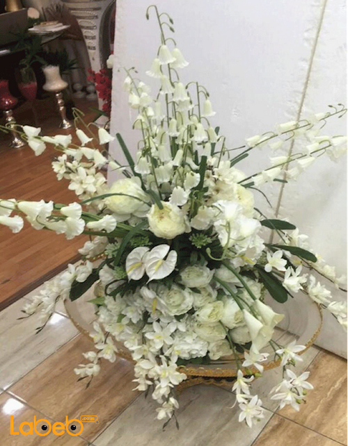 Artificial Flowers vase - White flowers - Green herb - Gold base
