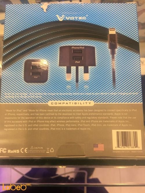 Votec 3in1 UK Home & Car + Lightning cable - Dual USB - Black