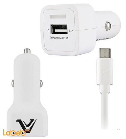 Votec 2.1ِA single USB car adapter & micro USB cable - 2m - White