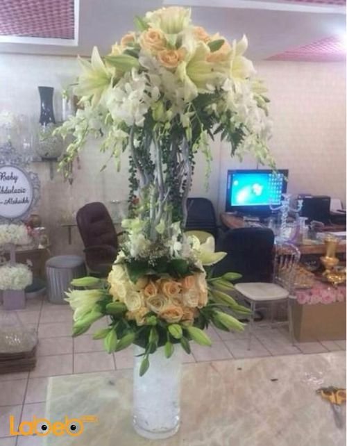 Natural flowers bouquet and vase - Glass vase - Orange & White