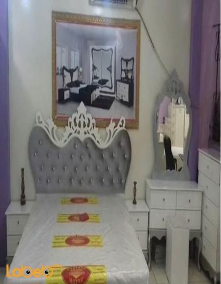 غرفة نوم 7 قطع خشب ماليزي أبيض ورمادي سرير بمقاس 2 2 متر