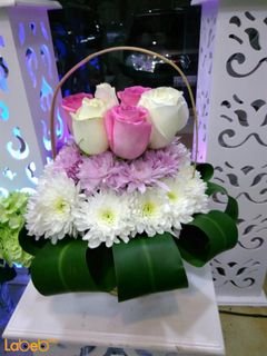 Natural roses bouquet with wooden base - white and rose color