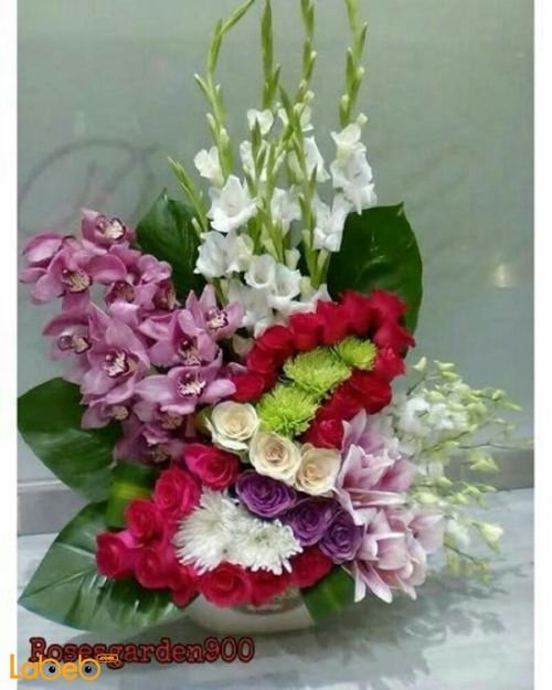 Natural flowers bouquet with beautiful base - pink red & white