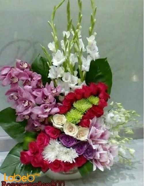 Natural flowers bouquet with beautiful base - pink red & white