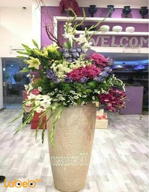 Natural flowers vase - with Gold base - White Pink & Purple