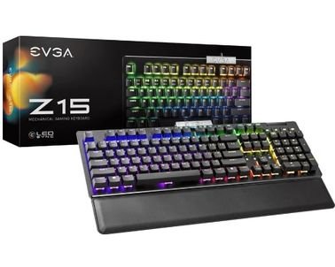 EVGA gaming keyboard, backlit, mechanical switches, RGB lights, black