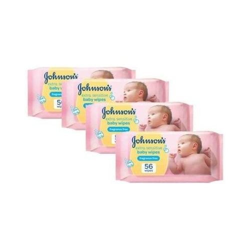 Johnson's Extra Sensitive Fragrance Free Baby Wipes White 56 countx4