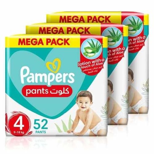 Pampers Baby-Dry Pants with Aloe Vera Lotion Stretchy Sides and Leakage Protection Size 4 9-18 kg Mega Pack 52 Pants Pack of 3