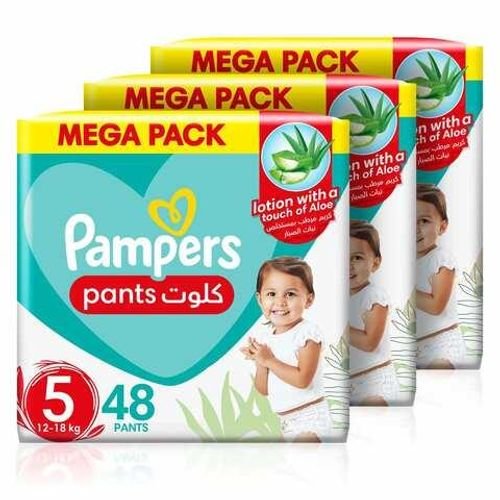 Pampers Baby-Dry Pants with Aloe Vera Lotion Stretchy Sides and Leakage Protection Size 5 12-18 kg Mega Pack 48 Pants Pack of 3