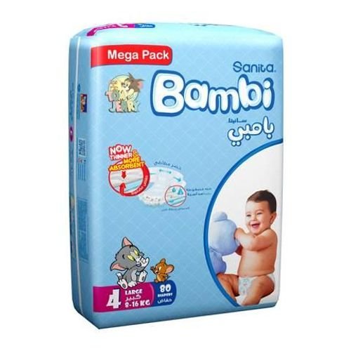 Sanita Bambi Baby Diapers Mega Pack Size 4, Large, 8-16 KG, 80 Count