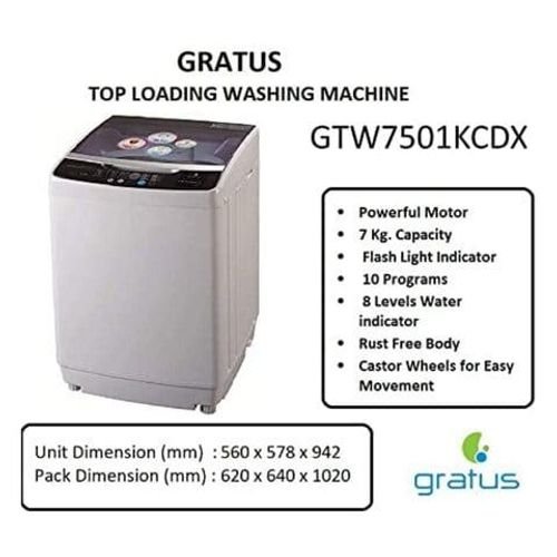 GRATUS WASHER TOP LOAD GTW7501K 7KG