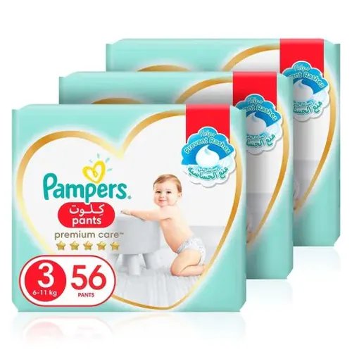 Pampers Premium Care Pants Diapers Size 3 6-11kg The Softest Diaper with Stretchy Sides for Better Fit 56 Baby Diapers Pack of 3