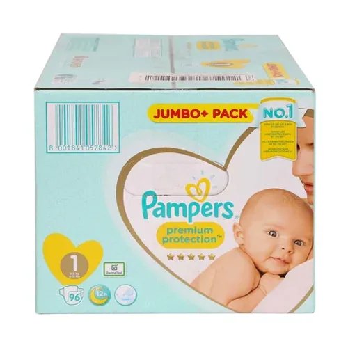 Pampers Premium Protection Diapers, Size 1, Newborn, 2-5Kg, The Softest Diaper and the Best Skin Protection, 96 Baby Diapers
