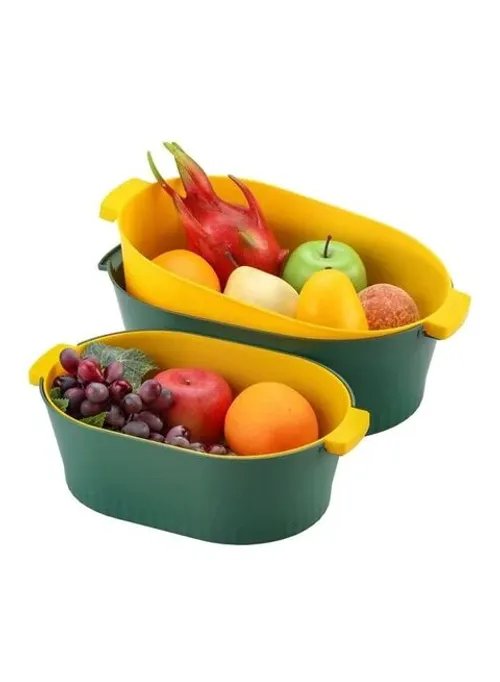 Lawazim 2-Piece Fruit And Vegetable Strainer Bowl Set Green/Yellow 26x19.5x19.5cm