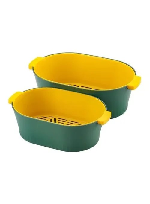 Lawazim 2-Piece Fruit And Vegetable Strainer Bowl Set Green/Yellow 26x19.5x19.5cm