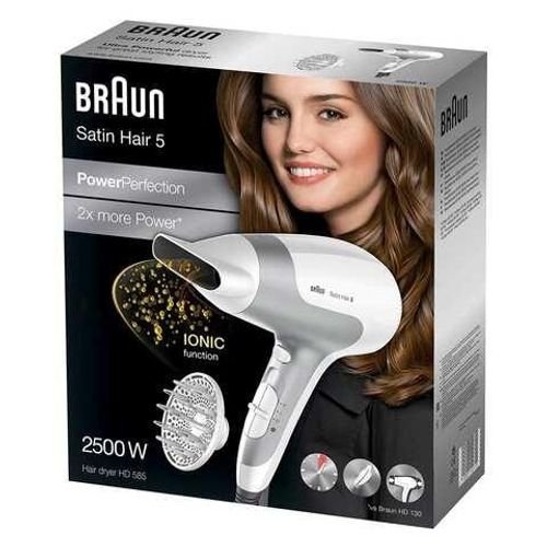 Braun Hair Dryer Satin Hair 5 PowerPerfection Dryer HD585 - Ionic Ultra Powerful Lightweight With Diffuser 2500 Watts