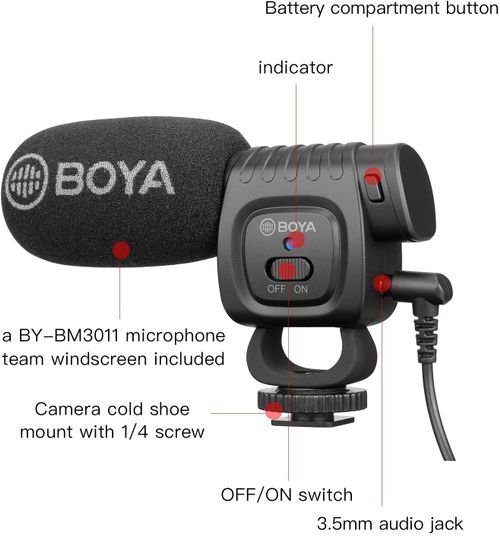 Boya BM3011 Camera Microphone, 3.5mm, Jack  Cardioid pattern, Foam Windshield
