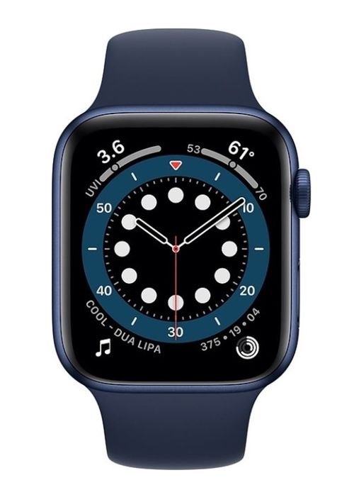 ساعة آبل 6 الذكية 44 ملم، شاشة 1.7 بوصة، GPS، هيكل ألمنيوم أزرق، سوار رياضي أزرق