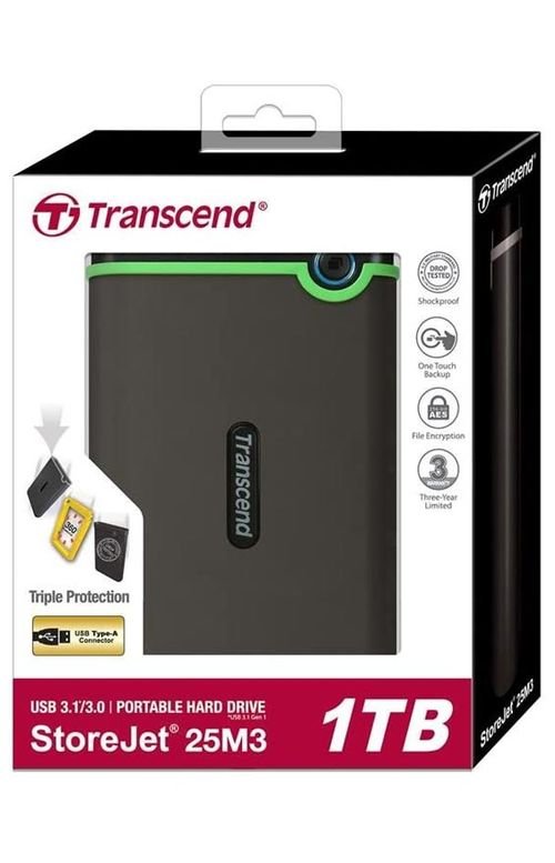 Transcend StoreJet External Hard Drive, 1TB, HDD, USB 3, Gray