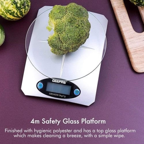 ميزان مطبخ رقمي من جيباس، 5 كغ، شاشة LCD، منصة زجاجية 4 ملم