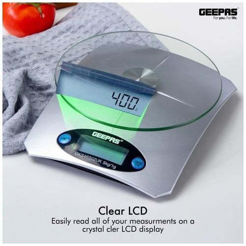 Geepas Digital Kitchen Scale, 5 Kg, LCD Display, 4mm Glass Platform