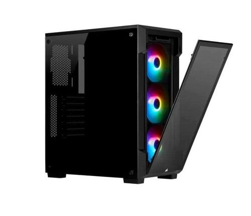 صندوق كمبيوتر كورسير iCUE 220T، أضواء RGB، غطاء زجاج، 3 مراوح، لون أسود