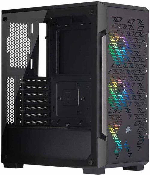 صندوق كمبيوتر كورسير iCUE 220T، أضواء RGB، غطاء زجاج، 3 مراوح، لون أسود