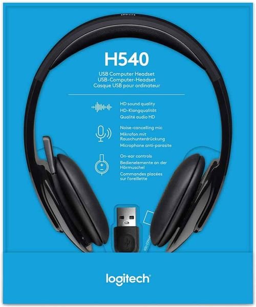 Logitech H540 Headphones, Wires, USB Connection, Black Color